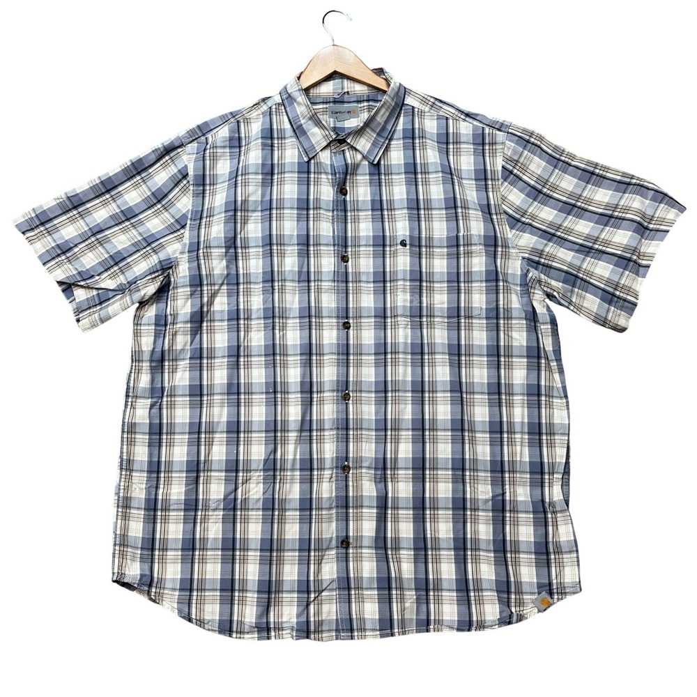 Carhartt Button Down Shirt Mens 2XL Blue White Plaid Short Sleeve Relaxed Fit